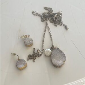 White Druzy Necklace and Stud Earrings Set with Gold Trim
